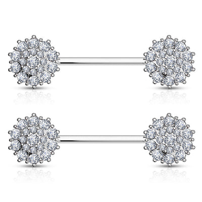 Nipple Barbell Triple Tiered CZ Flower Made of 14K Gold 14 Gauge