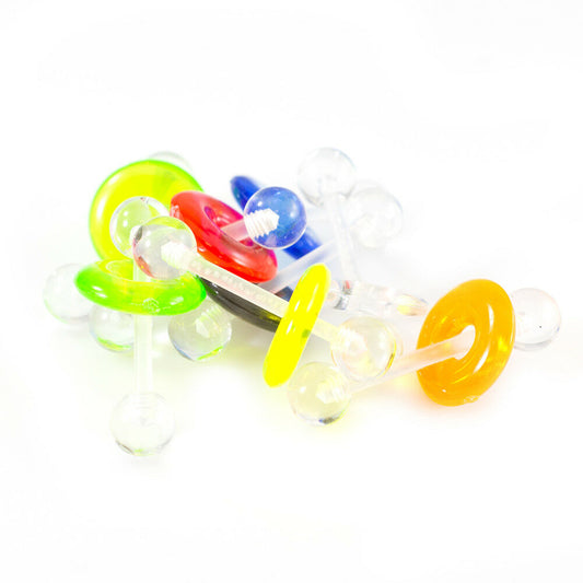 Pack of 8 Clear Bio-Flex Tongue Straight Barbells & Color Acrylic Doughnut 14G
