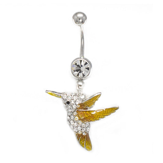 Belly Button Ring 14G Cute Dangle Humming Bird Clear CZ Gems Navel Jewelry
