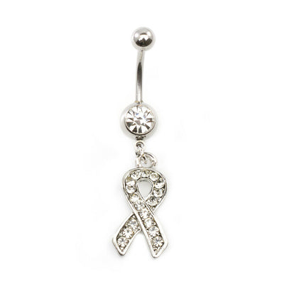 Pair of Belly Button Rings with Cancer Awareness dangle Pink and Clear CZ 14g