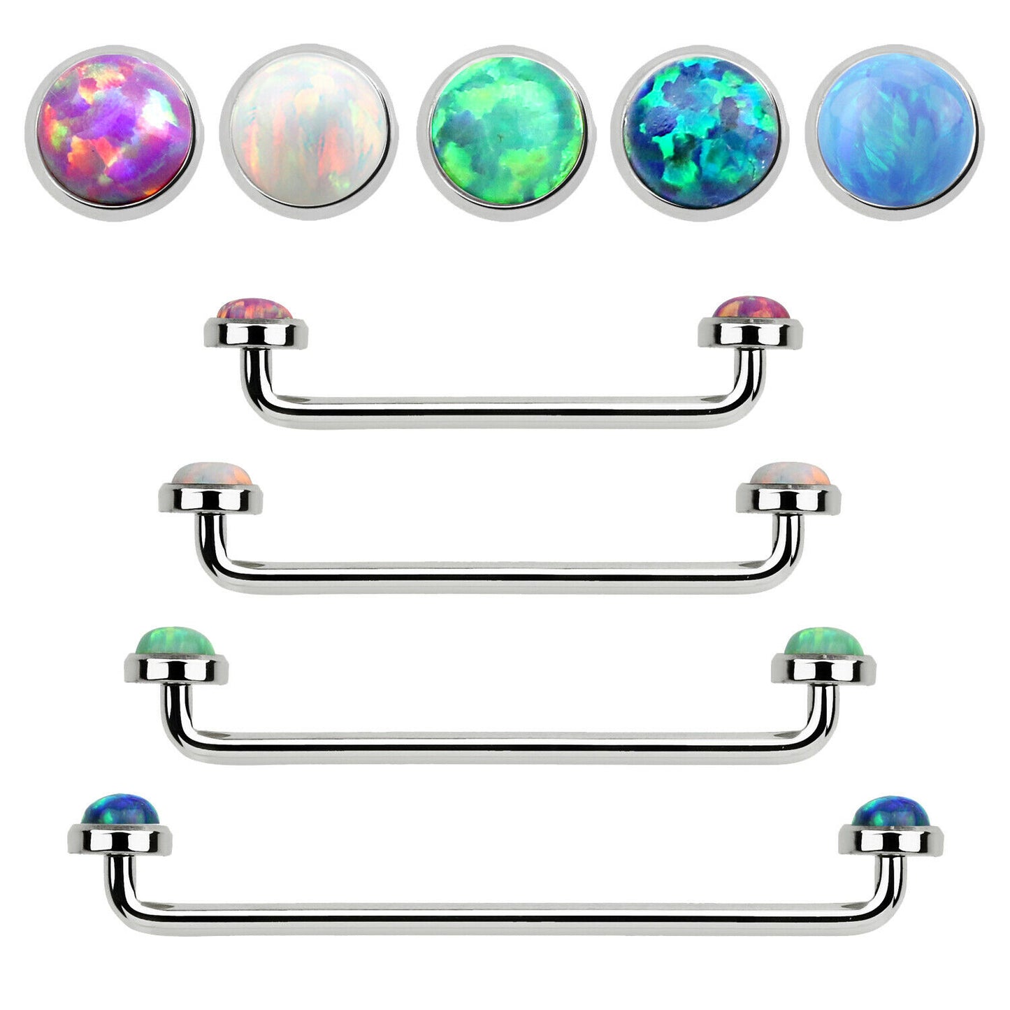 Staple Surface Barbell with Internally Threaded Synthetic Opal stones 14G