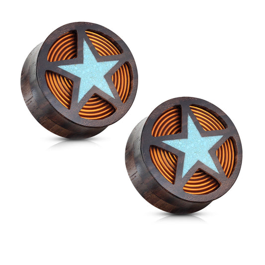PAIR of Crushed Turquoise Filled Star with Coil Inside of Organic Wood Plugs