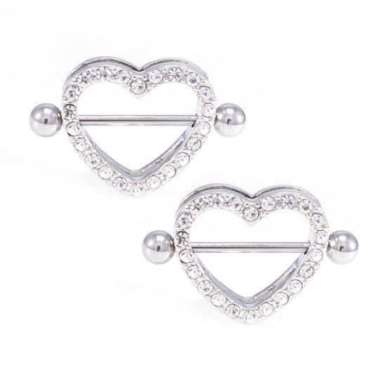Pair of Nipple Shields 14G CZ Gem Paved Heart-Shaped with Barbell