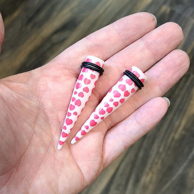 12pc Taper Ear Stretcher O-Ring Kit Acrylic Pink Hearts Design 6g to 12mm 1/2"..