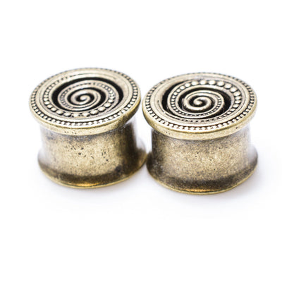 Pair of Antique Brass Ear Plugs with Spiral Design - 0 Gauge to 9/16" Inch(14mm)