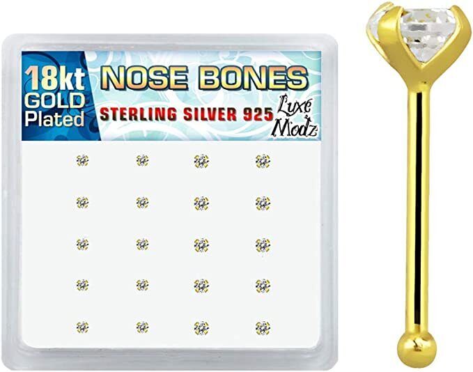 Box 20 Pieces of 925 Sterling Silver Bend Nose Stud 22g with 18k Gold Plating
