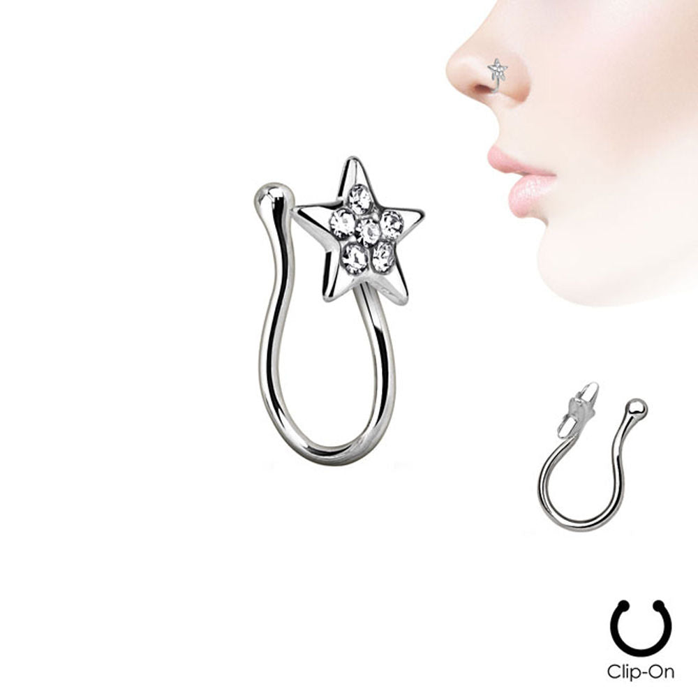 Non-Piercing Nose Clip - Ion Plated Star w/ Clear CZ Gems - Sold Each