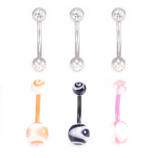 Belly Button Ring Package of 6 Navel Ring 3 with CZ Gems and a 3 Flexi