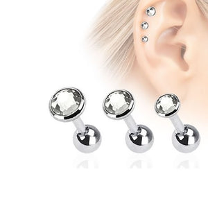 16ga Cartilage Barbells Tragus Rook Daith with Clear CZ Gems - Pack of 3 - 316L