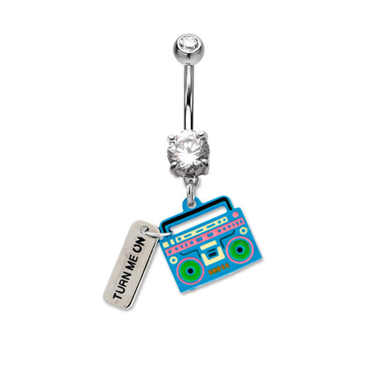 14ga Belly Ring Radio Dangle with Clear Prong Set CZ Gem 316L Surgical Steel