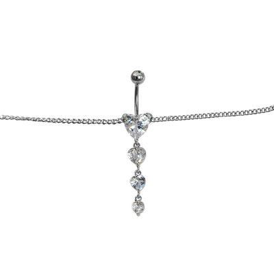 Belly Chain Navel Ring Surgical Steel Waist with Triple CZ Heart Dangle 14G