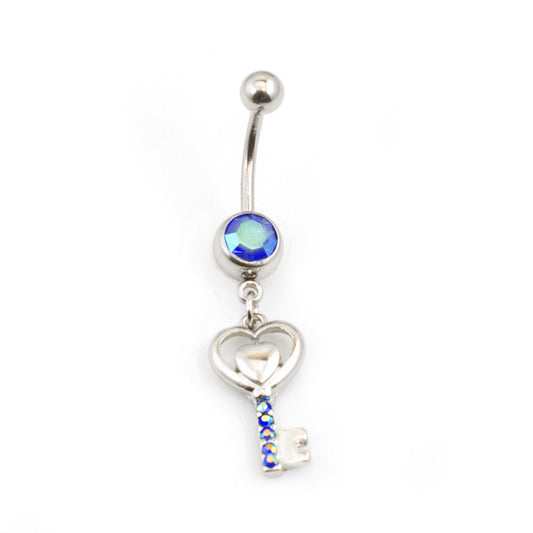 Navel Ring with Key and Heart Design Featured with CZ Gems 14G