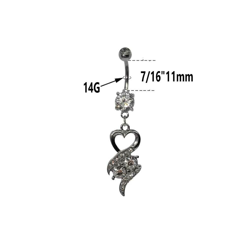 Heart Surgical Steel Dangle Belly Button Ring with CZ Jewels 14g 7/16" - 11mm