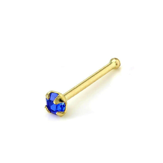 Nose Bone Stud 9Kt Solid Yellow Gold with Prong Set Circular Blue CZ  20ga