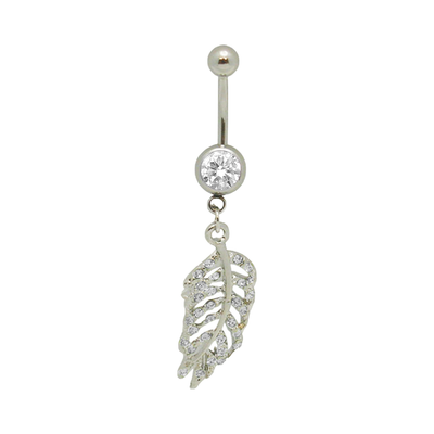 Belly Navel Ring Surgical Steel Dangle Paved CZ Feather Leaf Design
