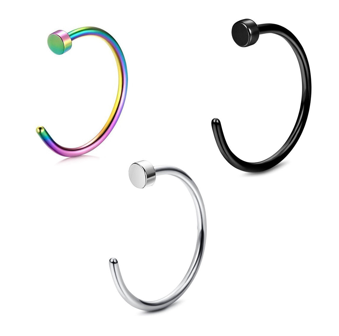Nose Hoop Ring Pack of 3 Black, Surgical Steel and Multicolor made of S. Steel