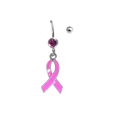 Belly Navel Dangle 14g Surgical Steel CZ Ribbon Breast Cancer Awareness Dangle