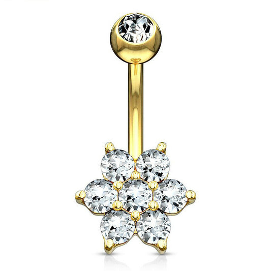 Navel Ring 14KT Solid Gold with Flower Clear CZ Design 14ga
