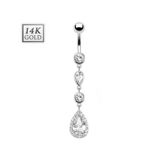 14KT Solid White Gold Navel Ring - Cascading Teardrop Dangle with Multi Paved CZ