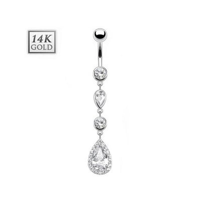 14KT Solid White Gold Navel Ring - Cascading Teardrop Dangle with Multi Paved CZ