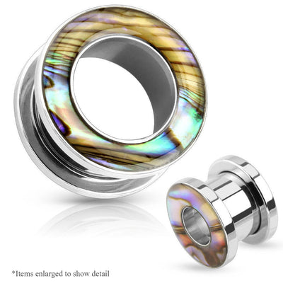 Ear Gauge Tunnels Pair of Mother of Pearl Rimmed 316L Surgical Steel Screw-Fit