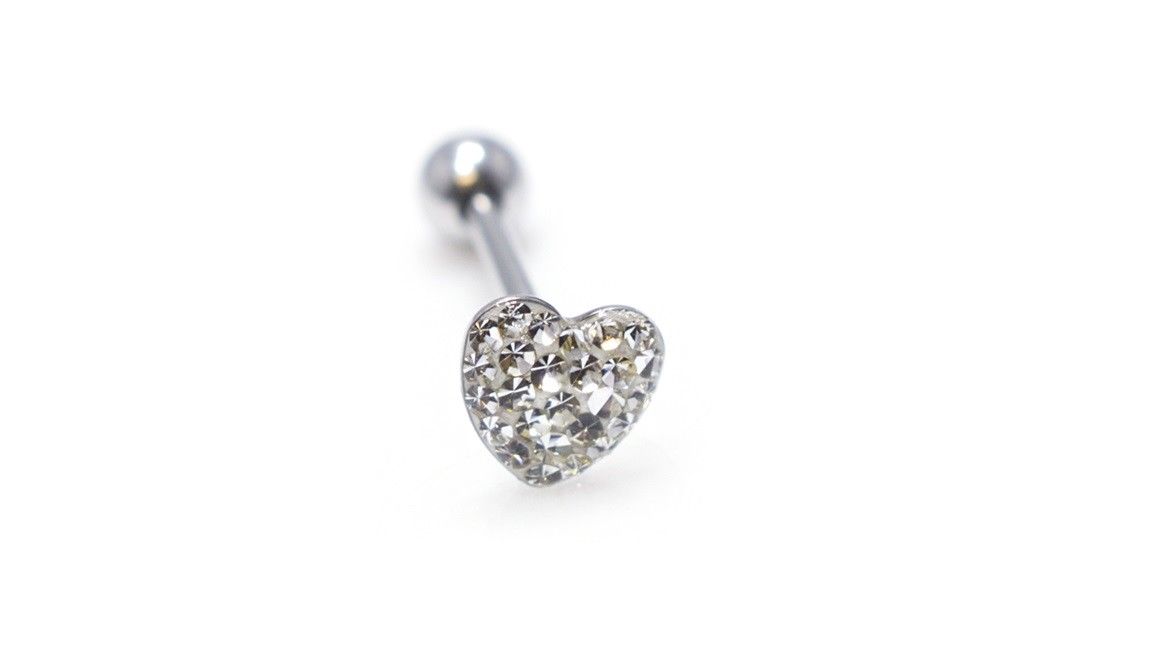 Jeweled Heart Barbell 16G Tongue Ring Tragus Cartilage - 4 Colors