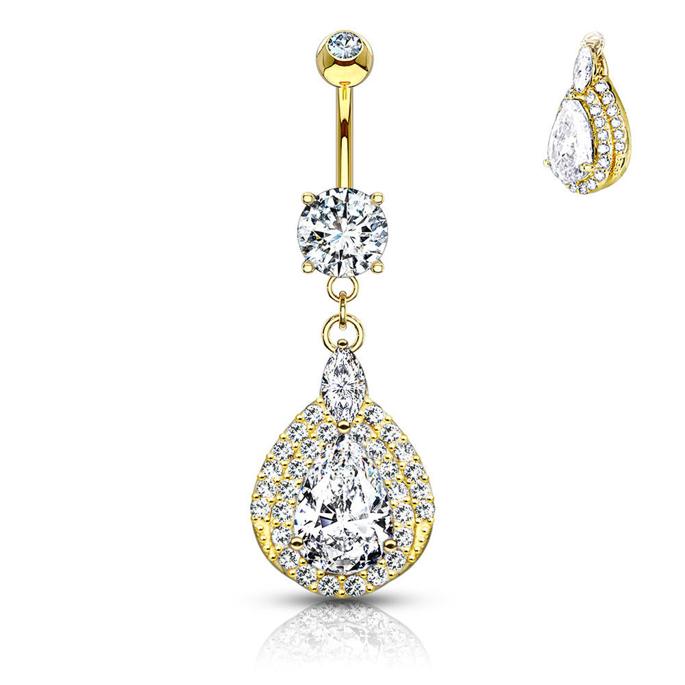 Navel Ring 14kt Solid Gold Three Tiered Tear Drop Design with Cubic Zirconia 14g