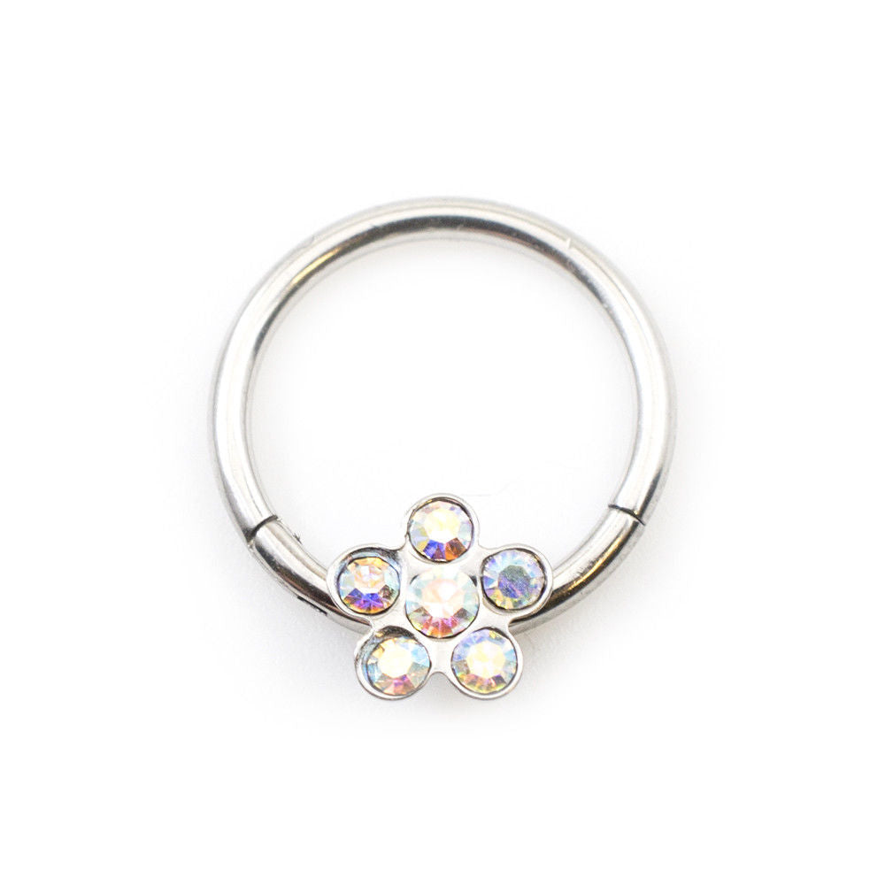 Hinged Stainless Steel Segment Hoop Ring with Flower Design and Cubic Zirconia G