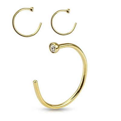 20ga Clear Gemmed Gold IP Over 316L Steel Nose Hoop Ring - 2 Sizes to Choose