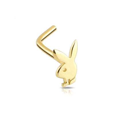 Nose Ring L-shape 14Kt. Solid  Gold with Play Boy Bunny Design 20ga