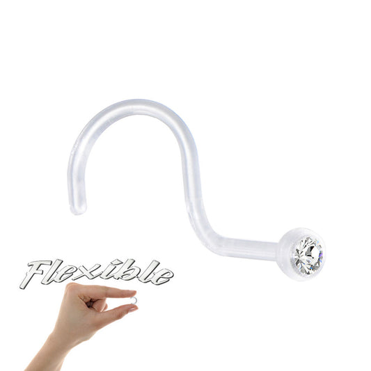 Flexible Nose Piercing Screw w/ Clear CZ Gem - Bioflex Retainer 18ga-1/4"(6 mm)