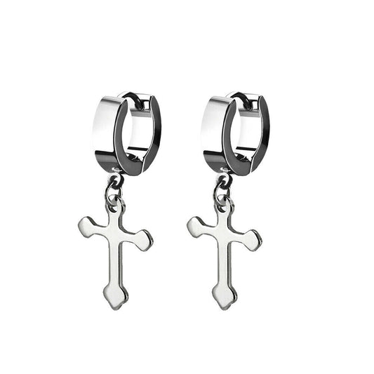 Earrings stainless steel mirror polished huggie with a small cross dangling part