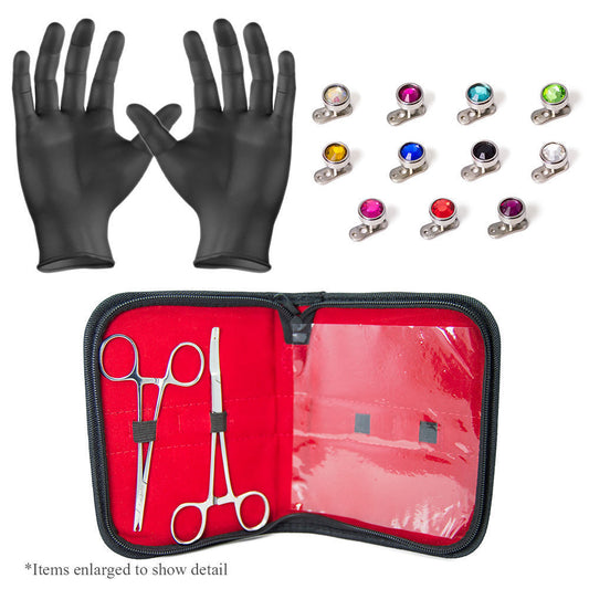 Dermal Body Piercing Kit - 2 Forceps w/11 Dermal Gem Tops and Bottoms + Gloves