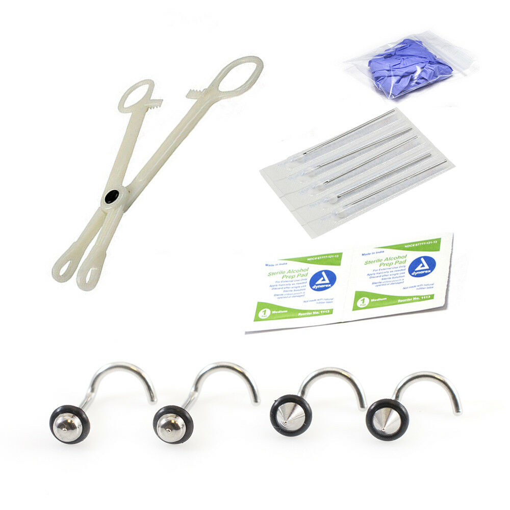 Nose P. Kit Nose Rings, Needles, Disposable Forceps, Gloves and Alcohol Pad 18g