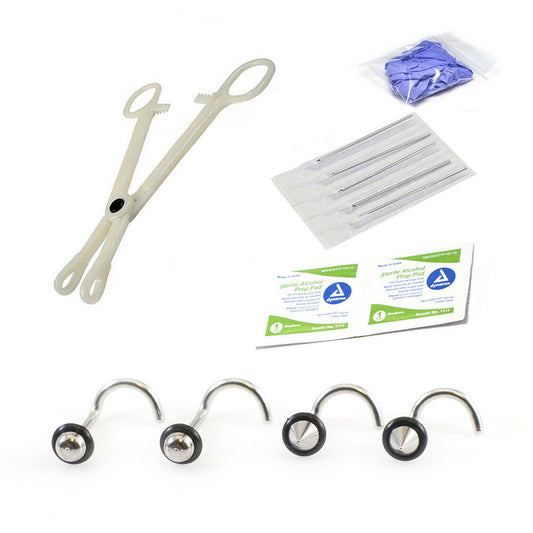 Nose P. Kit Nose Rings, Needles, Disposable Forceps, Gloves and Alcohol Pad 18g
