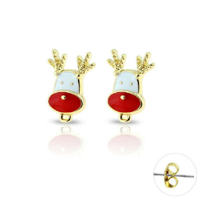 Holiday Earrings Studs Gold Plated Enamel Reindeer Gift Box Included