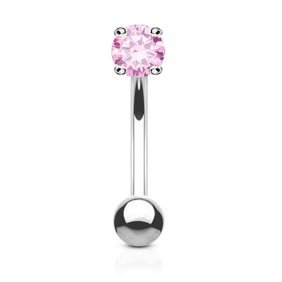 Eyebrow Ring Curved Barbell 14K Solid Gold with Prong Round Cubic Zirconia