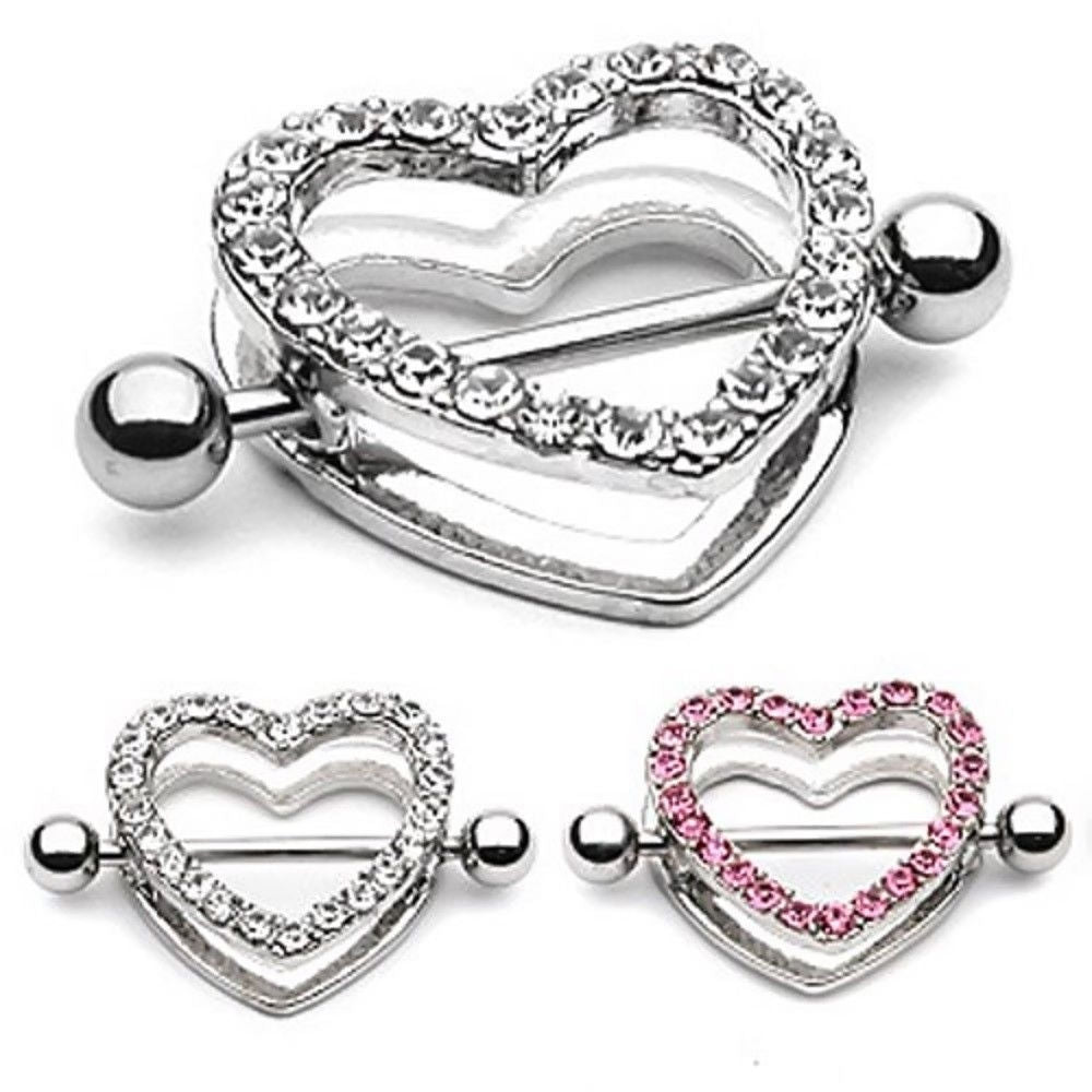 Nipple Shield - Pair of 14G CZ Gem Paved Heart-Shaped Shield with Barbell