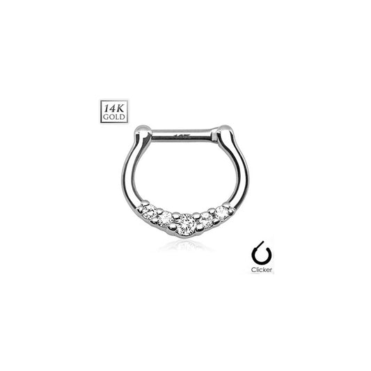 14Kt Gold Septum Clicker - Five Clear CZ Paved - Yellow or White Gold