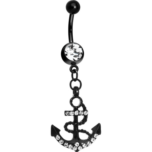 Belly Navel Ring Black Anodized Titanium Anchor Dangle with CZ Gems