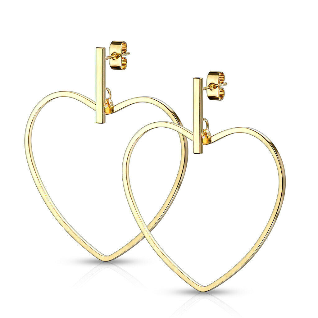 Pair of Stainless Steel Earrings with Bar and Heart Hoop Dangle Design 20g