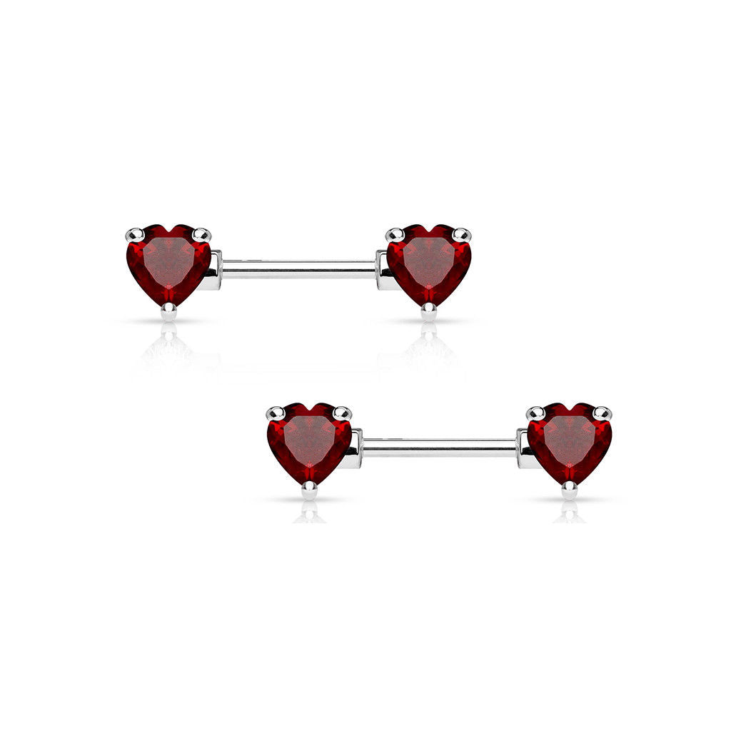 Pair of Double Heart Gem Nipple Rings Shields Barbells 14 Gauge 1/2" - 4 Colors
