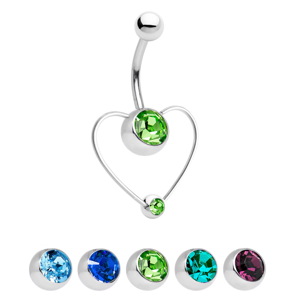 14ga Heart Belly Button Ring with CZ Gems - 316L Surgical Steel
