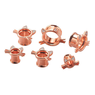 Ear Plugs Cat design with Clear Round Cubic Zirconia Double Flare Ear Tunnels 2G