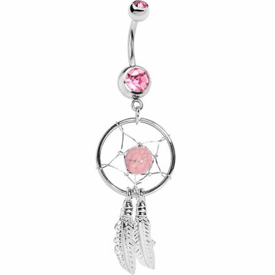 Dream Catcher Belly Piercing Ring - 2 Pink CZ Gems Dangle-Style- 14ga 316L Steel