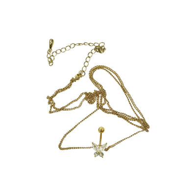 Belly Chain Button Navel Ring Surgical Steel Gold Plated Waist Belly Chain with Non-Dangle CZ Butterfly 14 Gauge