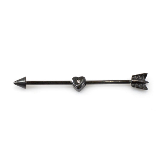 Industrial Barbell with Heart Design and CZ Gem 14G Black IP