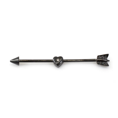 Industrial Barbell with Heart Design and CZ Gem 14G Black IP