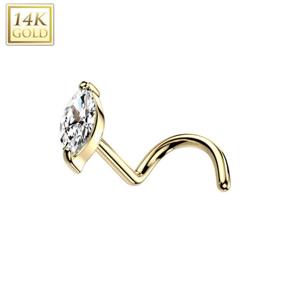 Nose Screw Rings With Marquise CZ top 14K solid gold 20G fit most nose piercings