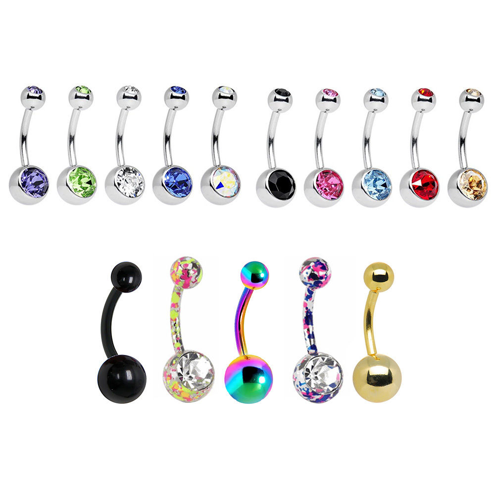 Lot of 15 Belly Rings 14G Surgical Steel Jeweled Design Mix